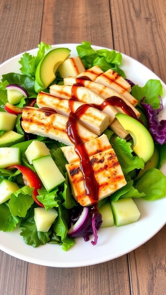 A healthy grilled chicken salad with mixed greens, cucumber, avocado, and balsamic dressing on a wooden table.